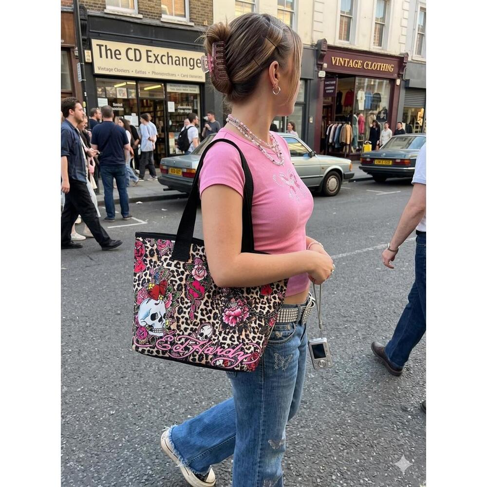 Ed Hardy Leopard Print Tote Handbag Floral Skull & wallet